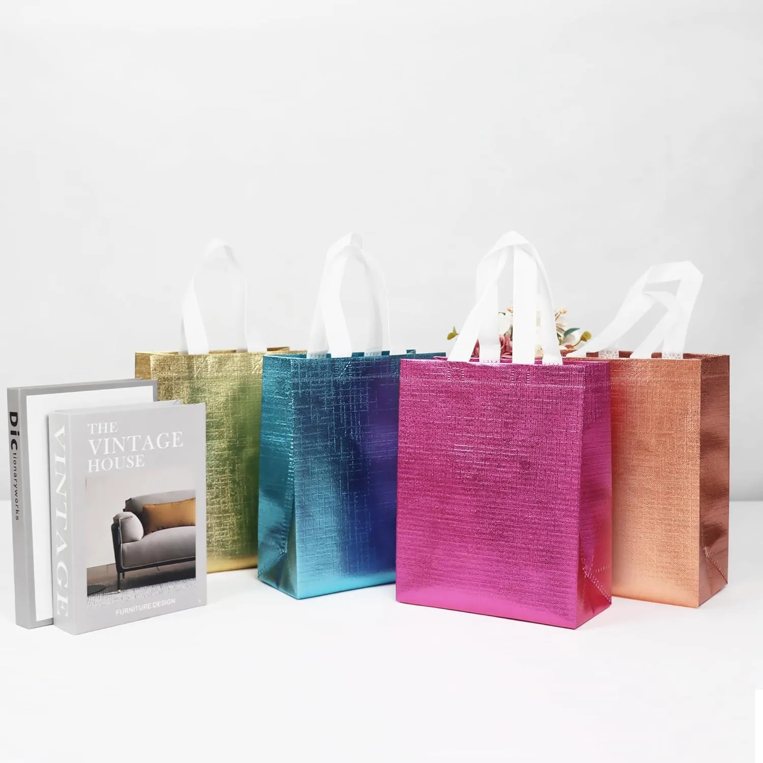 16 Pcs Mixcolor Small Gift Bags Set with Cardboard Bases, Glossy Reusable Party Goodie Bags for Birthday, Wedding, Christmas, Parties- Blue, Rose Gold, Pink, Gold