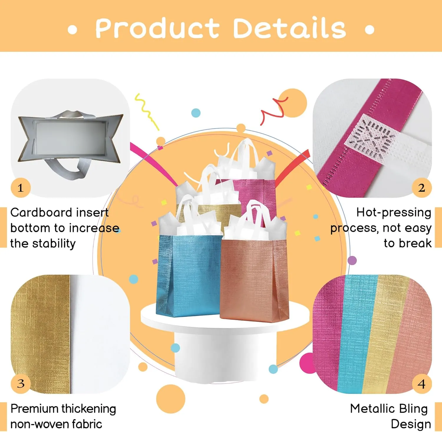 16 Pcs Mixcolor Small Gift Bags Set with Cardboard Bases, Glossy Reusable Party Goodie Bags for Birthday, Wedding, Christmas, Parties- Blue, Rose Gold, Pink, Gold