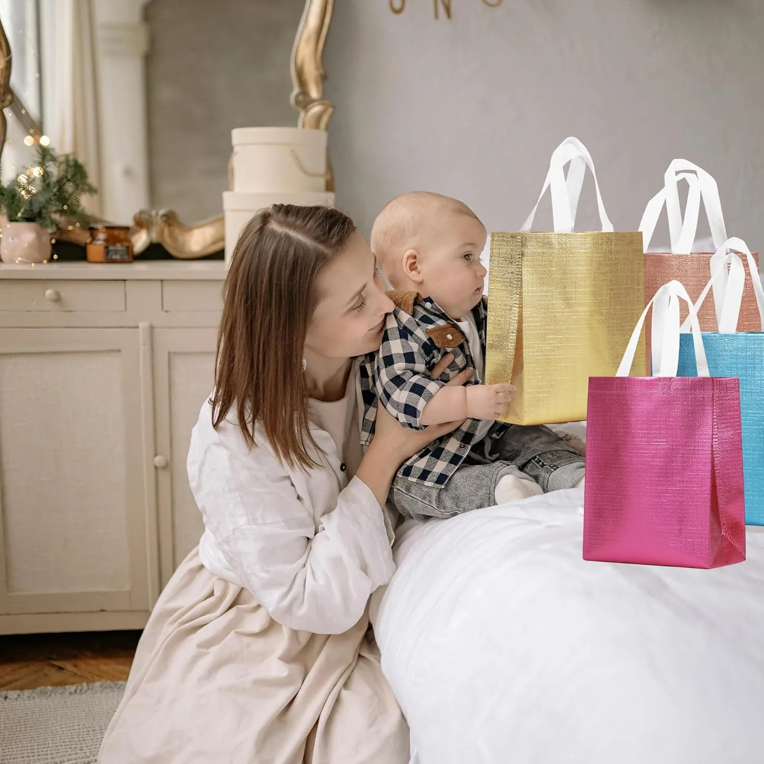 16 Pcs Mixcolor Small Gift Bags Set with Cardboard Bases, Glossy Reusable Party Goodie Bags for Birthday, Wedding, Christmas, Parties- Blue, Rose Gold, Pink, Gold