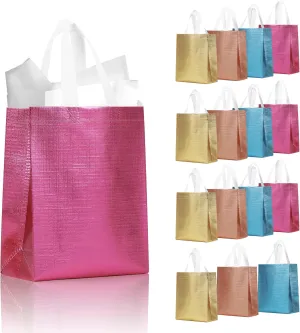 16 Pcs Mixcolor Small Gift Bags Set with Cardboard Bases, Glossy Reusable Party Goodie Bags for Birthday, Wedding, Christmas, Parties- Blue, Rose Gold, Pink, Gold