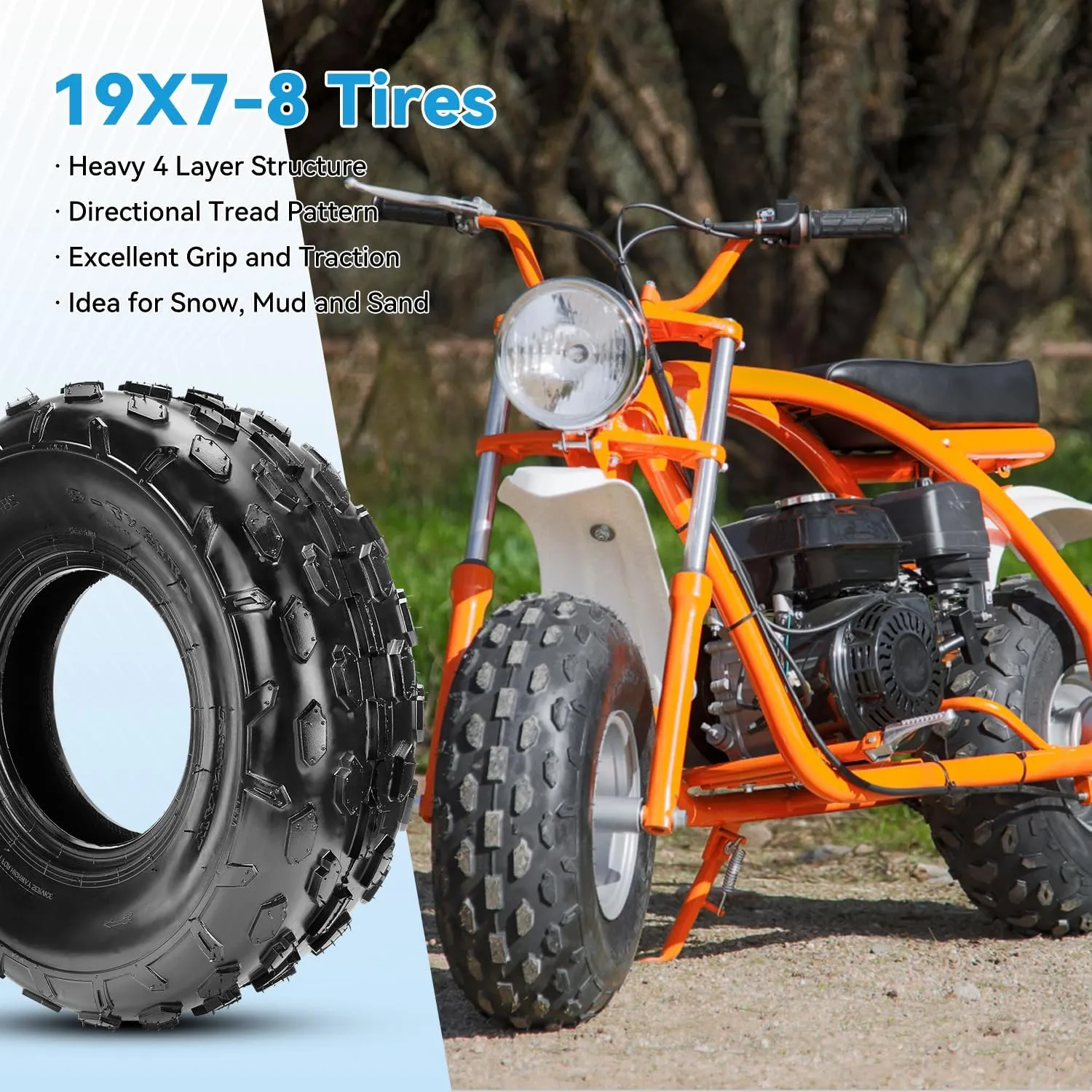 19x7-8 Mini Bike Knobby Tires Compatible with Baja Warrior MB165 MB200 Coleman CT200U BT200X Axis M200 Trailmaster Massimo Coolster 110cc 125cc ATV Quad 4 Wheeler UTV Go Kart Replacement Parts