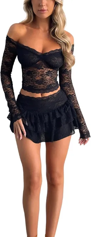 2 Pieces Mini Skirt Set for Women Elegant Lace Floral Off Shoulder Crop Top Sheer Mesh Bodycon Skirts Y2K skirt sets