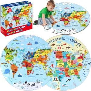 2 Sets Floor Puzzles World and United States Map Puzzles with Poster World and US Geography Jumbo Round Puzzle for Kids 4-8 Geography Educational Learning Toys Christmas Birthday Gift 70 Pcs