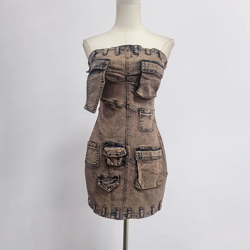 2025  Hot Selling Product Bags Stitching Sexy Tube Top Hip-Wrapped Short Denim Dress Summer Women's Clothing