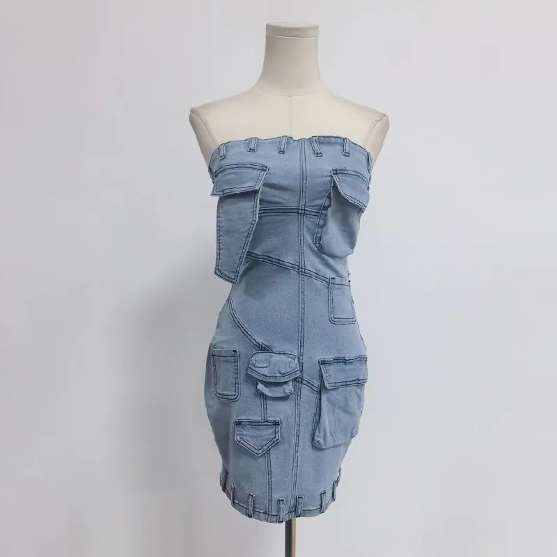 2025  Hot Selling Product Bags Stitching Sexy Tube Top Hip-Wrapped Short Denim Dress Summer Women's Clothing