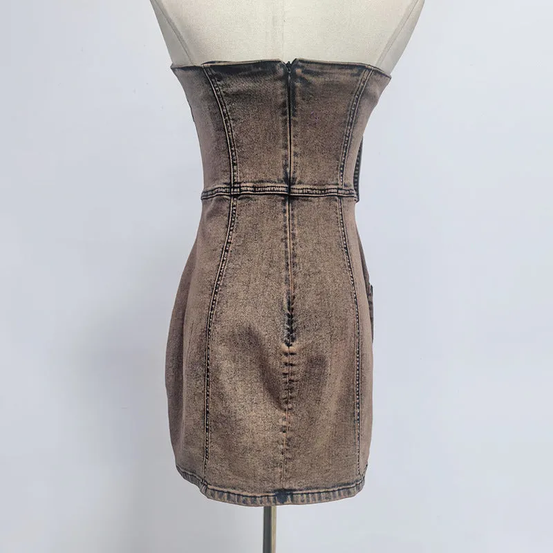 2025  Hot Selling Product Bags Stitching Sexy Tube Top Hip-Wrapped Short Denim Dress Summer Women's Clothing
