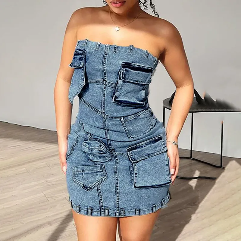 2025  Hot Selling Product Bags Stitching Sexy Tube Top Hip-Wrapped Short Denim Dress Summer Women's Clothing