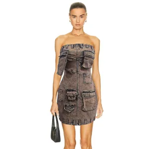 2025  Hot Selling Product Bags Stitching Sexy Tube Top Hip-Wrapped Short Denim Dress Summer Women's Clothing