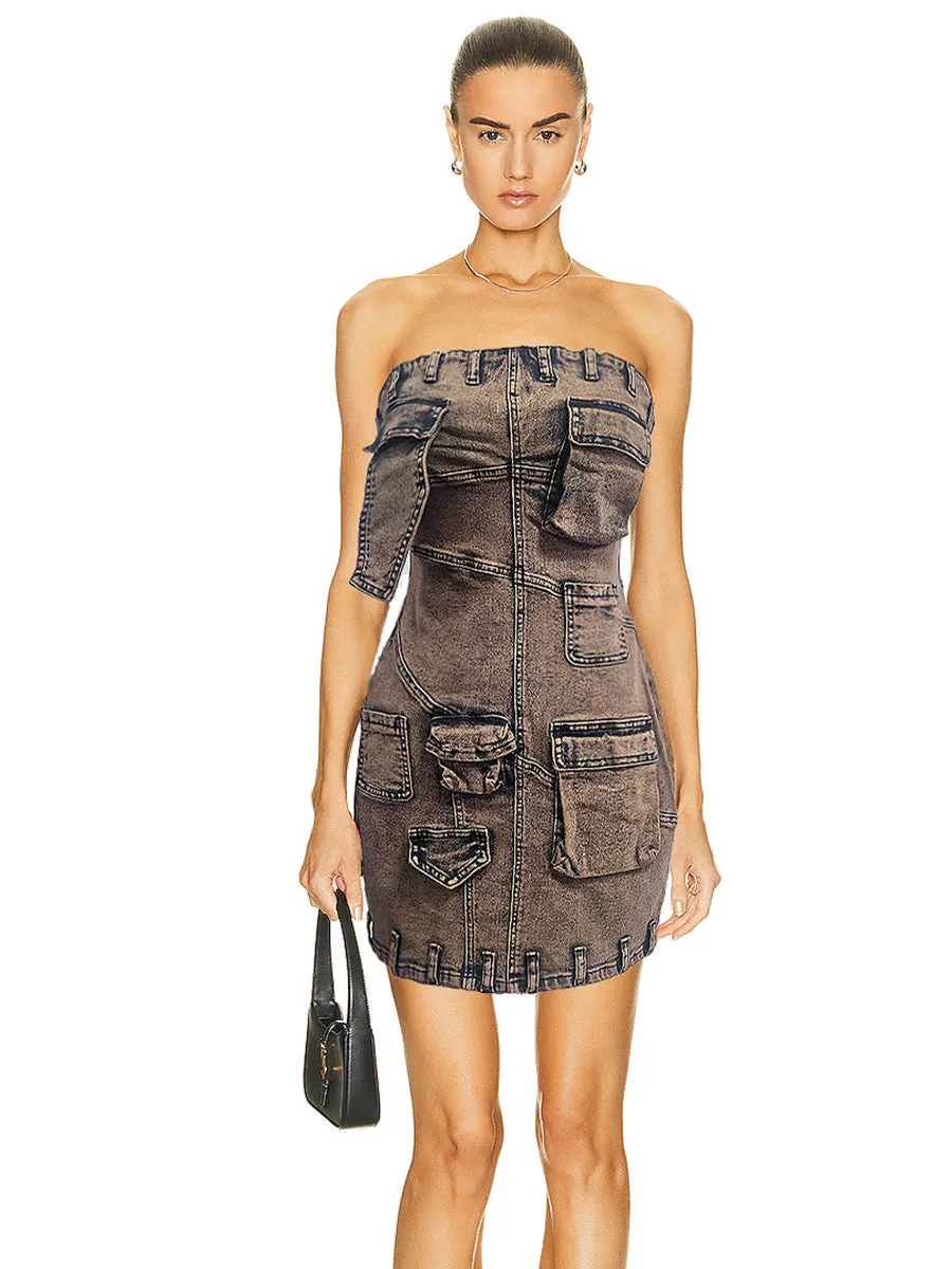 2025  Hot Selling Product Bags Stitching Sexy Tube Top Hip-Wrapped Short Denim Dress Summer Women's Clothing