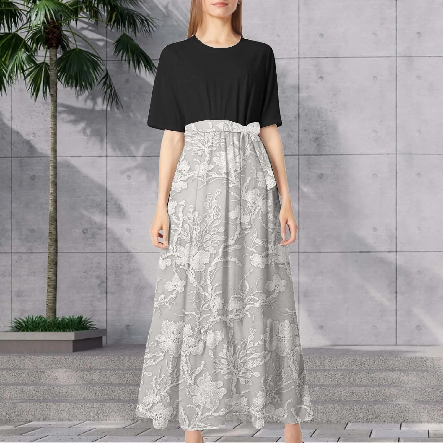 2025 Summer Maxi Dresses for Women Short Sleeve Floral Maxi Dress Trendy High Waist Long Dresses Business Work Dress