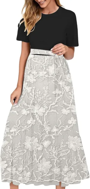 2025 Summer Maxi Dresses for Women Short Sleeve Floral Maxi Dress Trendy High Waist Long Dresses Business Work Dress