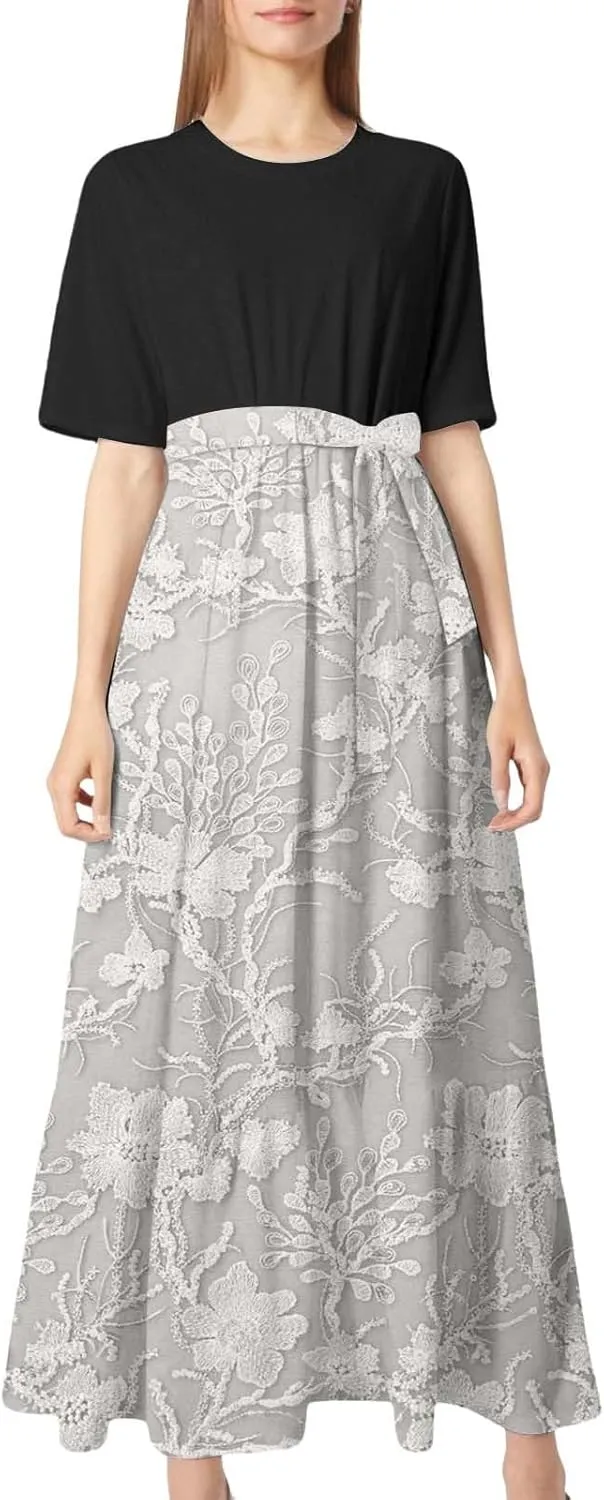 2025 Summer Maxi Dresses for Women Short Sleeve Floral Maxi Dress Trendy High Waist Long Dresses Business Work Dress