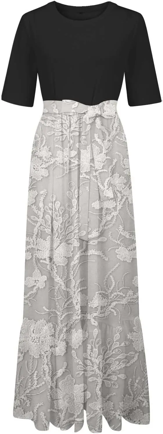 2025 Summer Maxi Dresses for Women Short Sleeve Floral Maxi Dress Trendy High Waist Long Dresses Business Work Dress