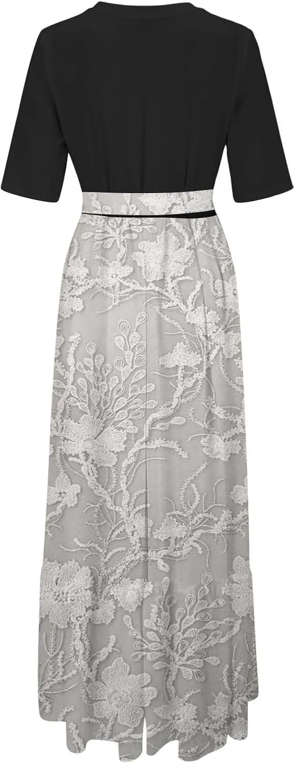 2025 Summer Maxi Dresses for Women Short Sleeve Floral Maxi Dress Trendy High Waist Long Dresses Business Work Dress