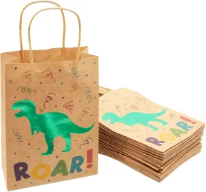 24 Pack Dinosaur Party Bags with Handles, Green Foil T-Rex for Kids Birthday Celebration, Dino Themed Baby Shower Favor, Dinosaur Birthday Party Supplies (8.6 x 6.3 X 3.2 In)