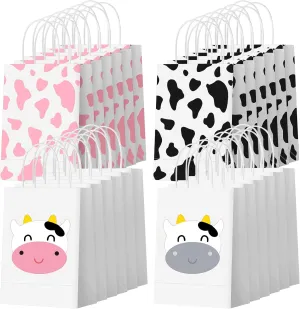 24 Packs Cow Party Favors Bag Cow Print Gifts Bags with Handles, Farm Themed Goodie Treat Candy Kraft Paper Bags for Cow Farm Animals Birthday Party Supplies