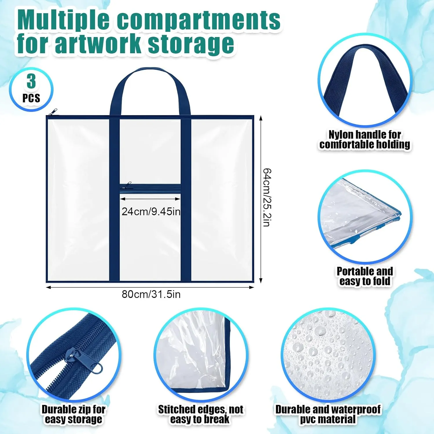 3 Pack Large Poster Storage Bags 31.5"×25.2" PVC Art Portfolio Container Bulletin Board Poster Pocket with Zipper Handle Pockets for Teacher Artist Organization (Blue, Clear)