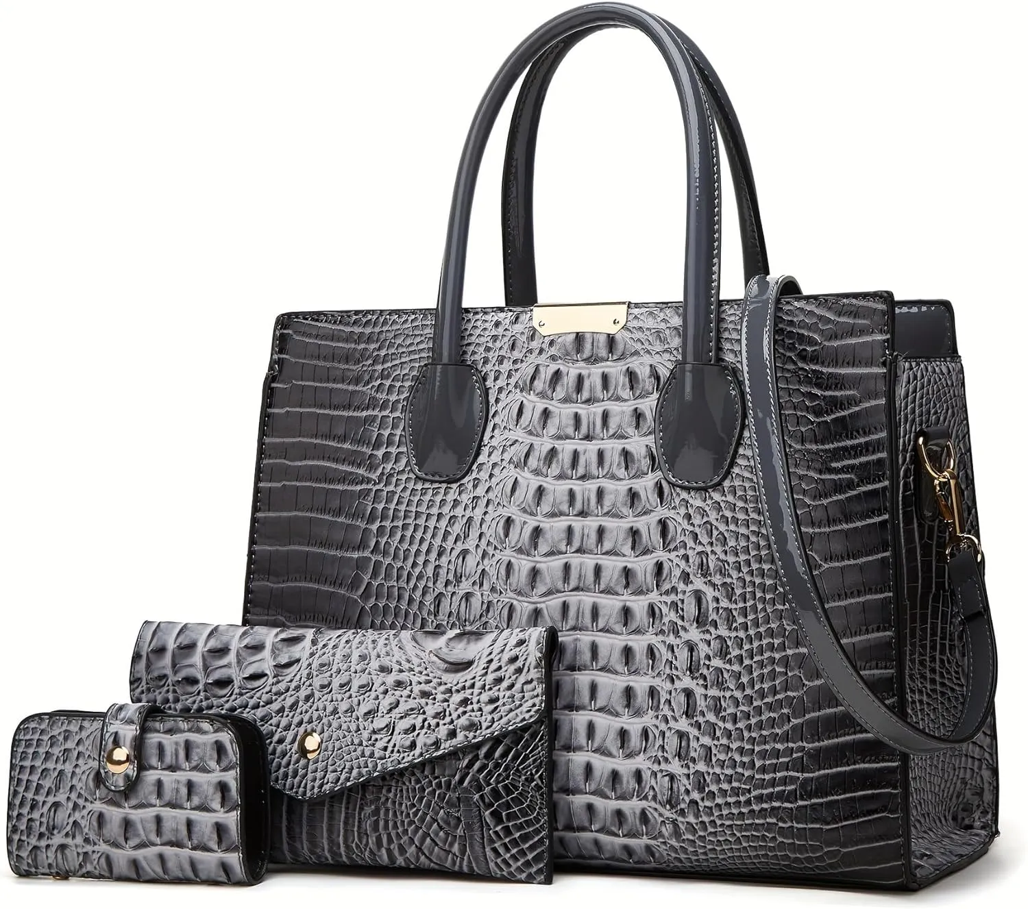 3 Pcs Set Women Tote Top-handle Handbags Patent PU Leather Crocodile Pattern Shoulder Crossbody Bag Large Designer Purse