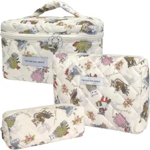 3 Piece Cute Cat Animal Print Cotton Quilted Makeup Bag Set, Large Capacity Travel Makeup Bags for Women and Girls, Includes Small, Medium, and Extra Large aesthetic makeup&Cosmetic Bags
