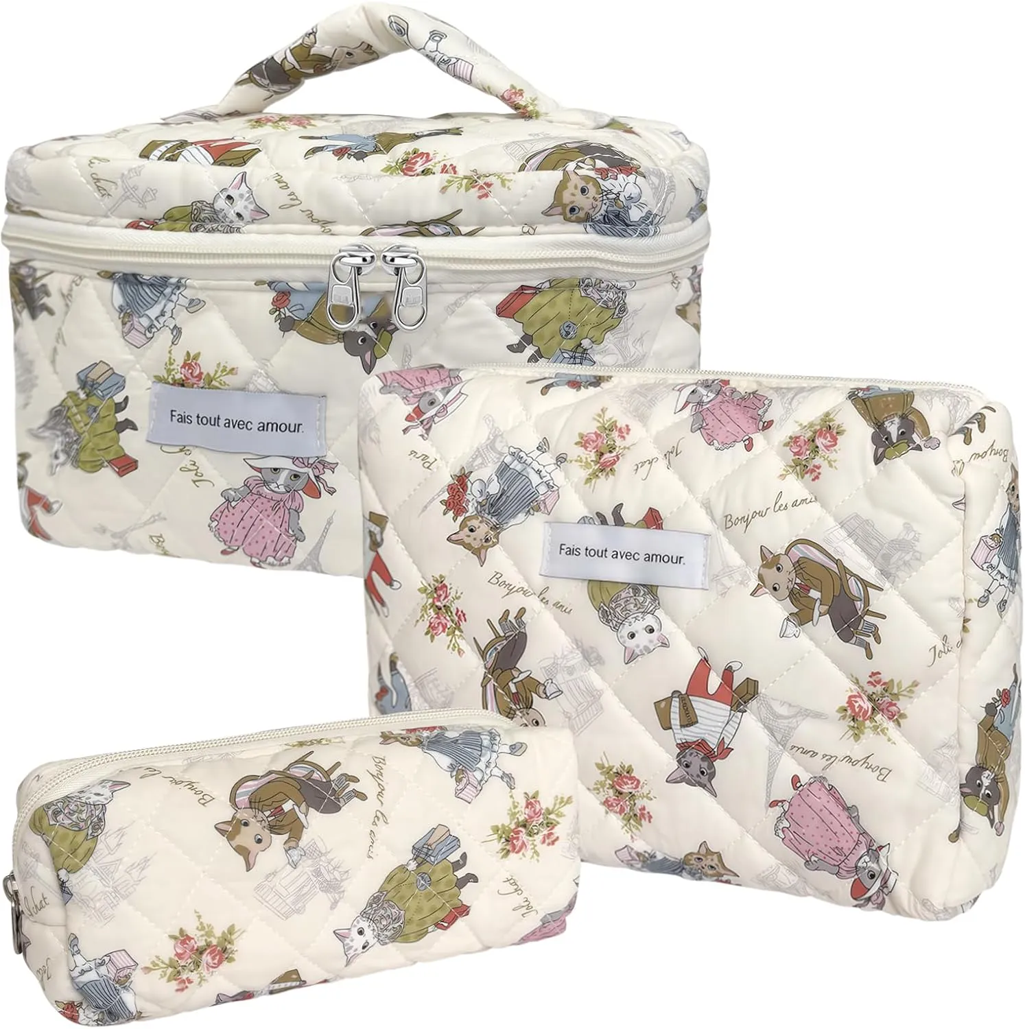3 Piece Cute Cat Animal Print Cotton Quilted Makeup Bag Set, Large Capacity Travel Makeup Bags for Women and Girls, Includes Small, Medium, and Extra Large aesthetic makeup&Cosmetic Bags