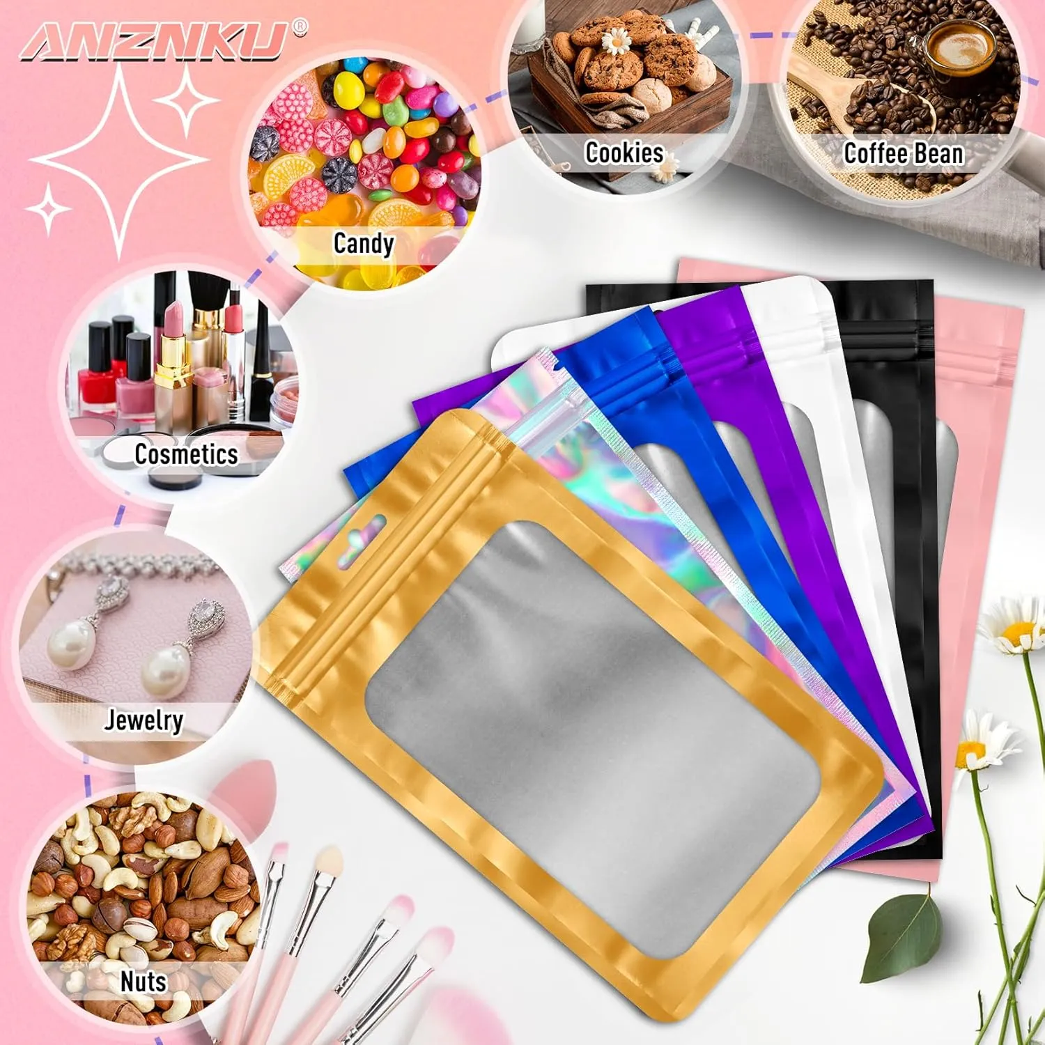 300 Pack 3 Size Mylar Resealable Bags with Front Window, Smell Proof, Foil, Zipper Bags for Jewelry, Sample, Food Storage (Black, 3x4.7in, 4x6in, 4.7x7.9in)