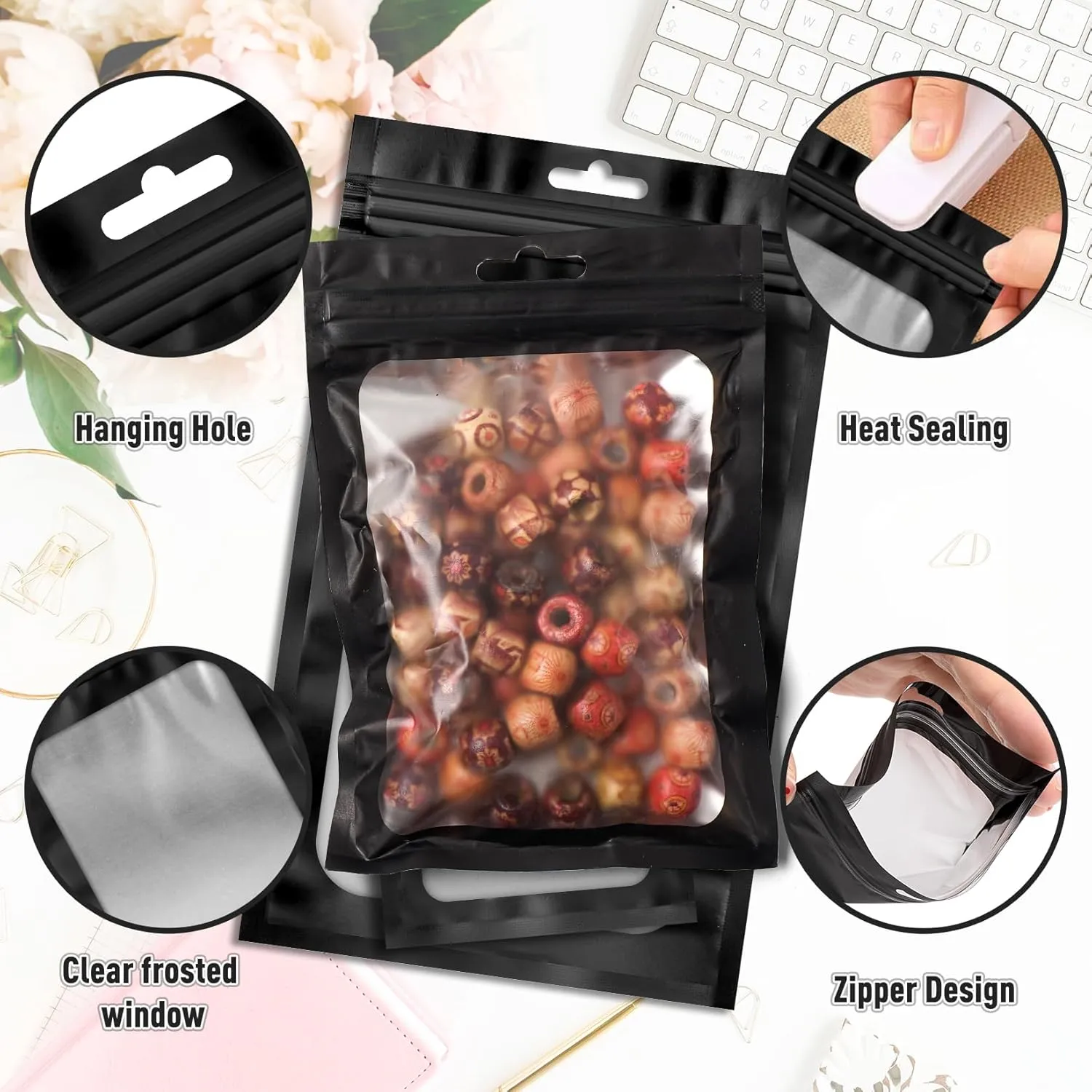 300 Pack 3 Size Mylar Resealable Bags with Front Window, Smell Proof, Foil, Zipper Bags for Jewelry, Sample, Food Storage (Black, 3x4.7in, 4x6in, 4.7x7.9in)