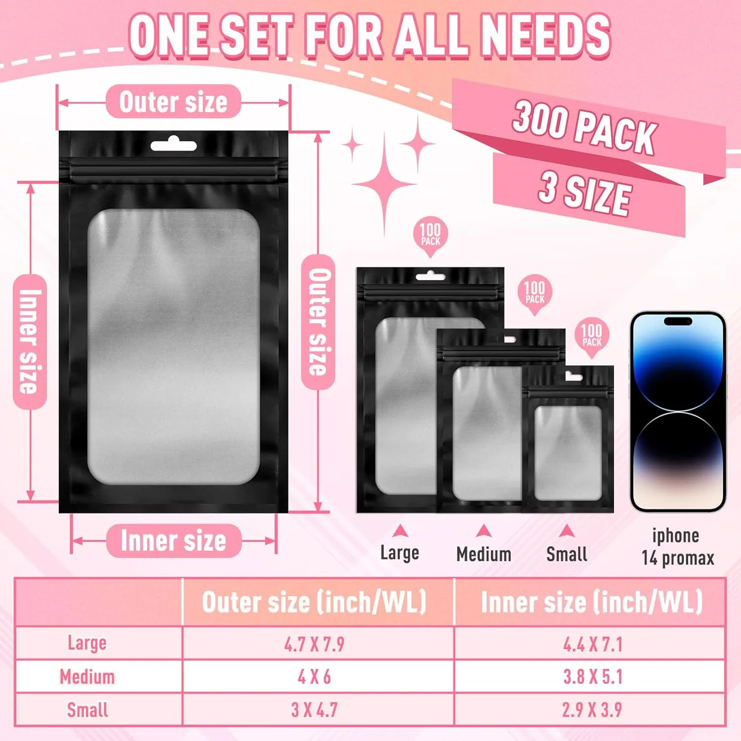 300 Pack 3 Size Mylar Resealable Bags with Front Window, Smell Proof, Foil, Zipper Bags for Jewelry, Sample, Food Storage (Black, 3x4.7in, 4x6in, 4.7x7.9in)
