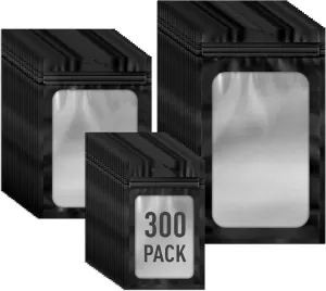 300 Pack 3 Size Mylar Resealable Bags with Front Window, Smell Proof, Foil, Zipper Bags for Jewelry, Sample, Food Storage (Black, 3x4.7in, 4x6in, 4.7x7.9in)