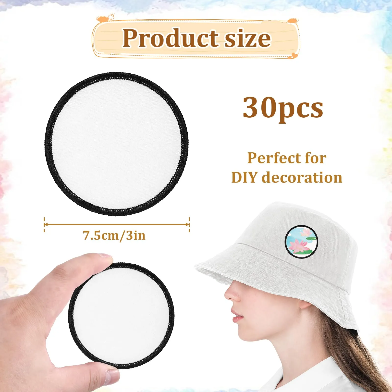 30Pcs Sublimation Blanks Patches Iron On Blank Patches Large Iron-on Patch with Black Border Exquisite Fabric Patches for DIY Crafts Hats Caps Backpack Uniforms (Round)