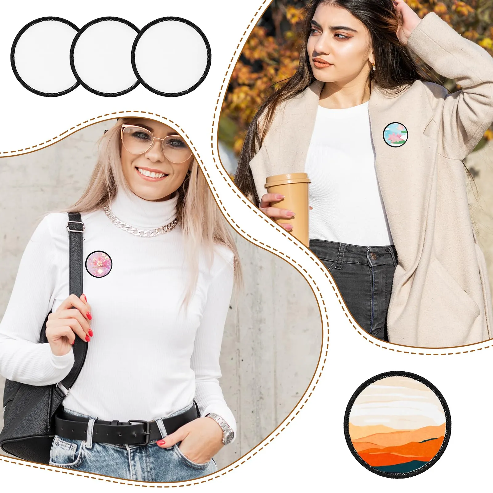 30Pcs Sublimation Blanks Patches Iron On Blank Patches Large Iron-on Patch with Black Border Exquisite Fabric Patches for DIY Crafts Hats Caps Backpack Uniforms (Round)