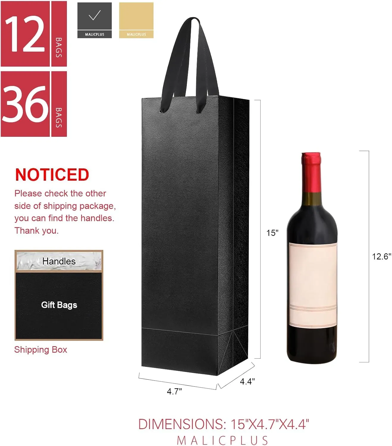 36 Wine Gift Bags for Liquor and Champagne, 15x4.7x4.4 Inches, Luxury Black With Handles for All Occasions (Grass Texture)