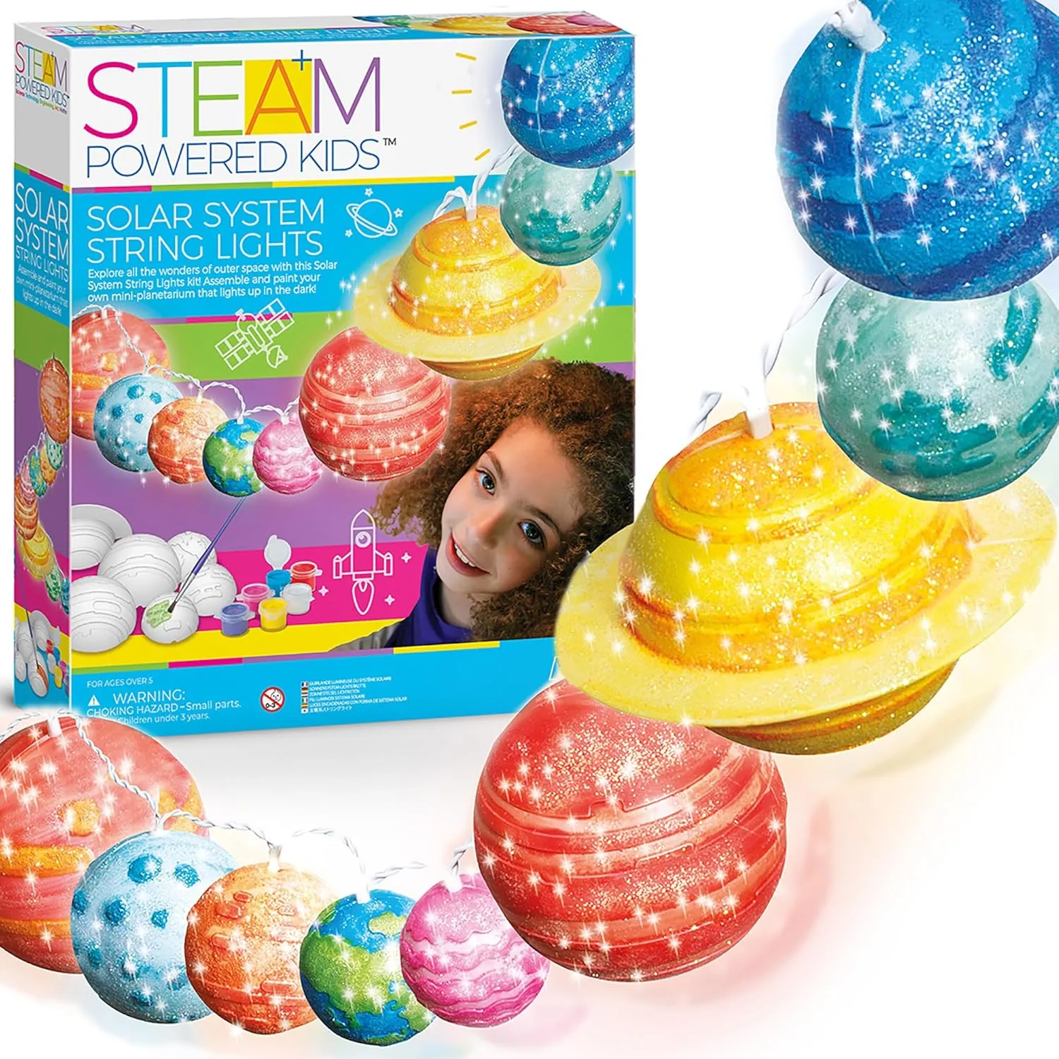 4M: STEAM Powered Kids: Solar System String Lights - Assemble & Paint Your Mini-Planetarium, LED Lights, DIY Outer Space Art & Craft Kit, Kids Ages 5 