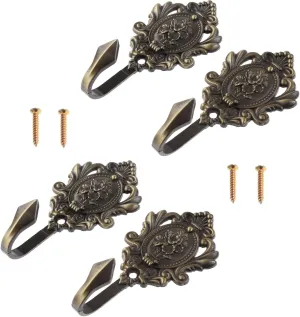 4Pcs Curtain Tiebacks Hook Vintage Bronze Rose Pattern Carved Wall Hooks Key Hook Clothes Hanger Bathroom Bedroom Multi-Function Decorative Hook with Screws