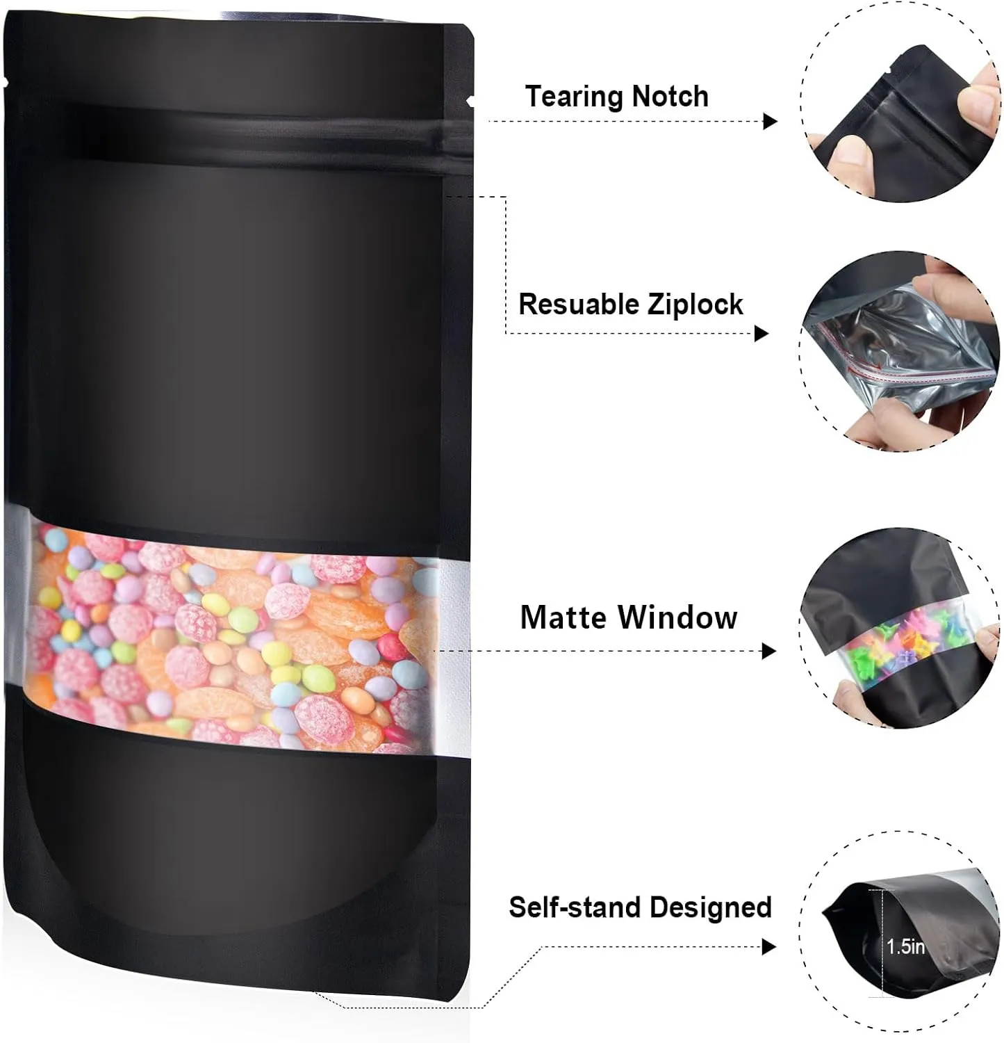 5.5"x7.8" 120pcs Mylar Bags for Food Storage,Smell Proof Bag with Matte Window Resealable Food Storage Bags for Small Business, Stand-up Foil Pouch Packaging Freeze Dried Candy Bag（Black ）