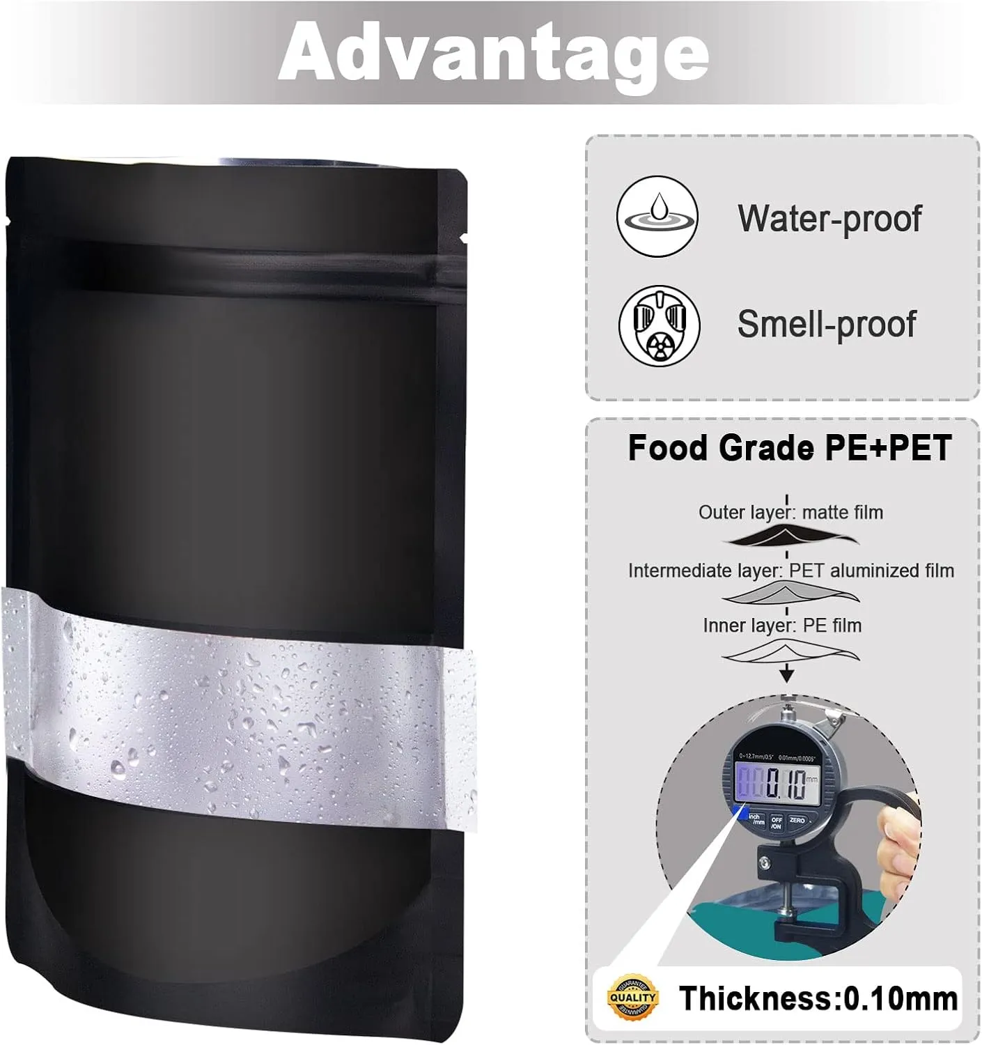 5.5"x7.8" 120pcs Mylar Bags for Food Storage,Smell Proof Bag with Matte Window Resealable Food Storage Bags for Small Business, Stand-up Foil Pouch Packaging Freeze Dried Candy Bag（Black ）