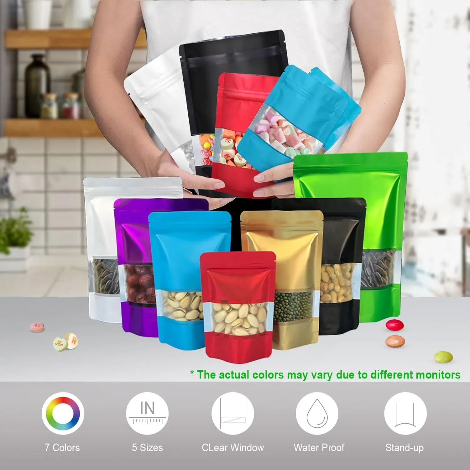5.5"x7.8" 120pcs Mylar Bags for Food Storage,Smell Proof Bag with Matte Window Resealable Food Storage Bags for Small Business, Stand-up Foil Pouch Packaging Freeze Dried Candy Bag（Black ）