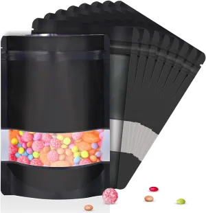 5.5"x7.8" 120pcs Mylar Bags for Food Storage,Smell Proof Bag with Matte Window Resealable Food Storage Bags for Small Business, Stand-up Foil Pouch Packaging Freeze Dried Candy Bag（Black ）