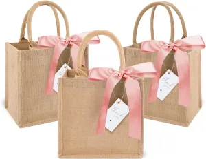 6 Pack Burlap Tote Bags with Handles Reusable Mini Jute Gift Bags with Pink Silk Ribbons Waterproof Lining for Wedding Bridesmaid Mother's Day Bachelorette Beach Party