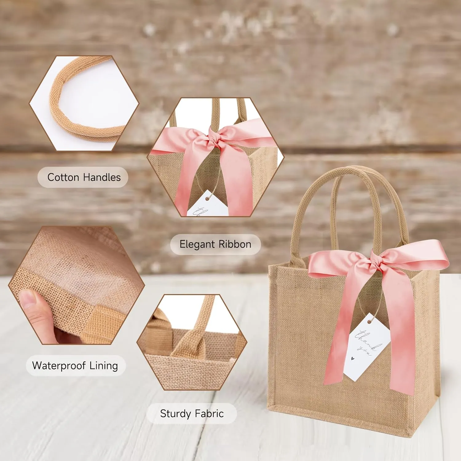 6 Pack Burlap Tote Bags with Handles Reusable Mini Jute Gift Bags with Pink Silk Ribbons Waterproof Lining for Wedding Bridesmaid Mother's Day Bachelorette Beach Party
