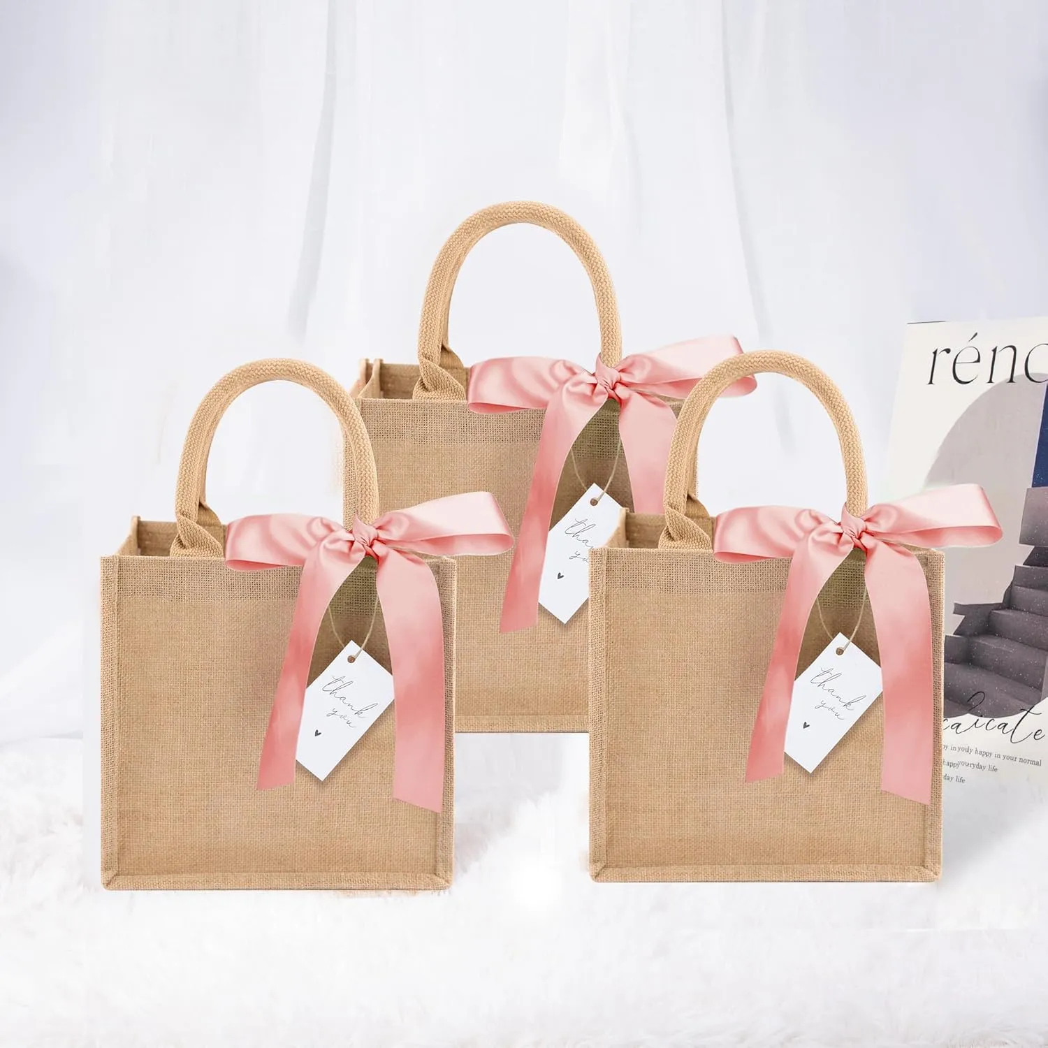 6 Pack Burlap Tote Bags with Handles Reusable Mini Jute Gift Bags with Pink Silk Ribbons Waterproof Lining for Wedding Bridesmaid Mother's Day Bachelorette Beach Party