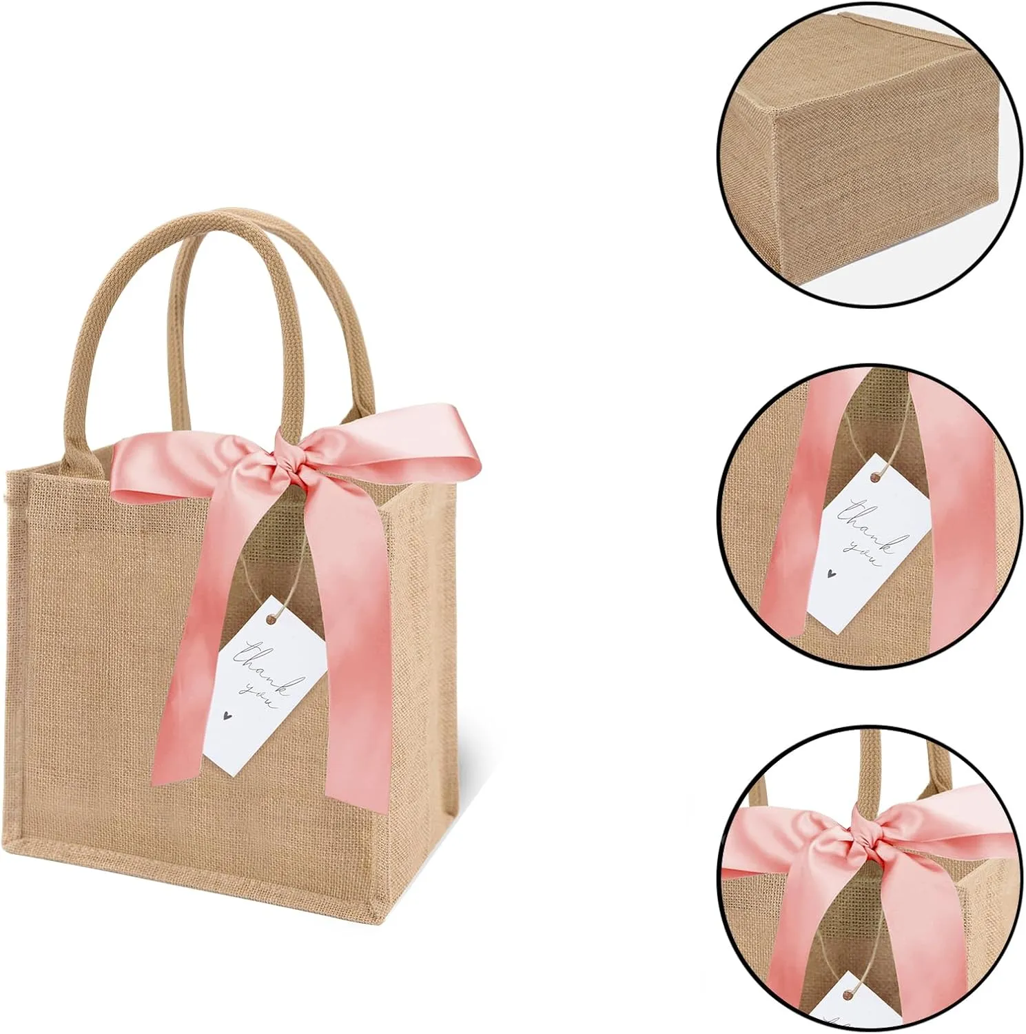 6 Pack Burlap Tote Bags with Handles Reusable Mini Jute Gift Bags with Pink Silk Ribbons Waterproof Lining for Wedding Bridesmaid Mother's Day Bachelorette Beach Party