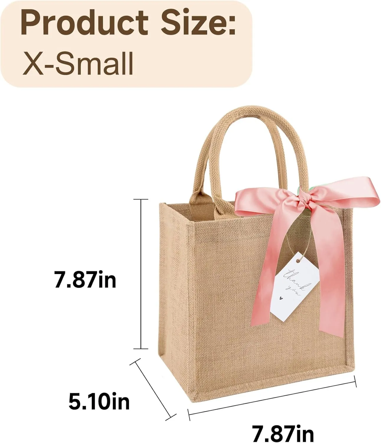 6 Pack Burlap Tote Bags with Handles Reusable Mini Jute Gift Bags with Pink Silk Ribbons Waterproof Lining for Wedding Bridesmaid Mother's Day Bachelorette Beach Party
