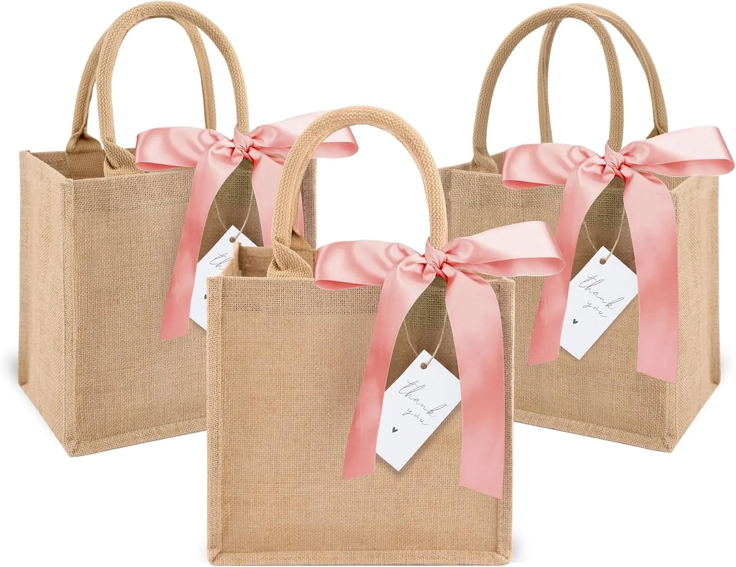 6 Pack Burlap Tote Bags with Handles Reusable Mini Jute Gift Bags with Pink Silk Ribbons Waterproof Lining for Wedding Bridesmaid Mother's Day Bachelorette Beach Party