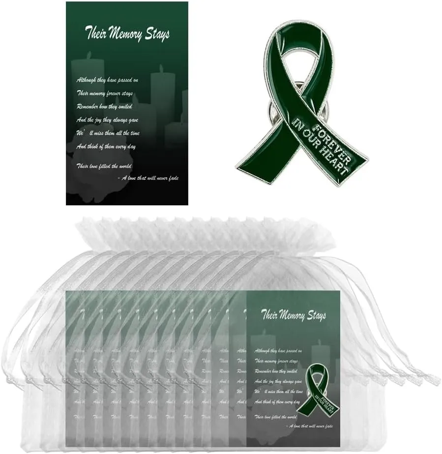 60 Set Funeral Ribbon Pins Memorial Pin Forever in Our Hearts Lapel Pin Remembrance Brooch with Prayer Cards & Organza Bags
