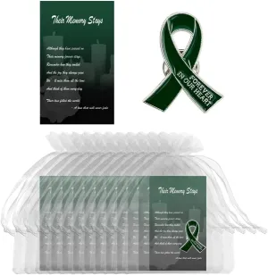 60 Set Funeral Ribbon Pins Memorial Pin Forever in Our Hearts Lapel Pin Remembrance Brooch with Prayer Cards & Organza Bags