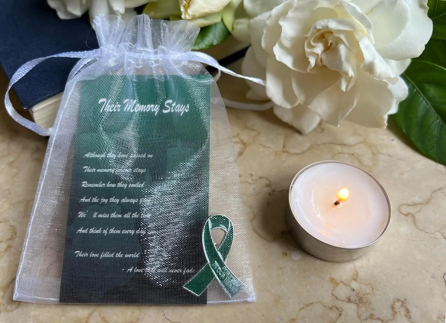 60 Set Funeral Ribbon Pins Memorial Pin Forever in Our Hearts Lapel Pin Remembrance Brooch with Prayer Cards & Organza Bags