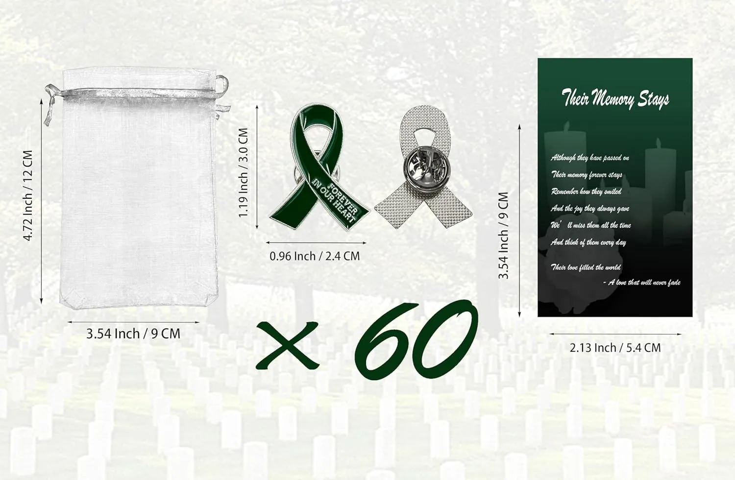 60 Set Funeral Ribbon Pins Memorial Pin Forever in Our Hearts Lapel Pin Remembrance Brooch with Prayer Cards & Organza Bags