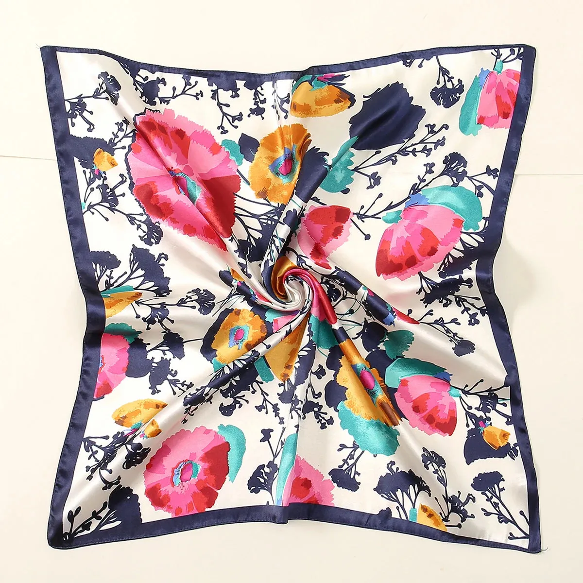 60*60cm Luxury Floral Print Silk Square Scarf Women Soft Satin Kerchief Neckerchief Head Hijab Lady Headband Foulard Bag Ribbon