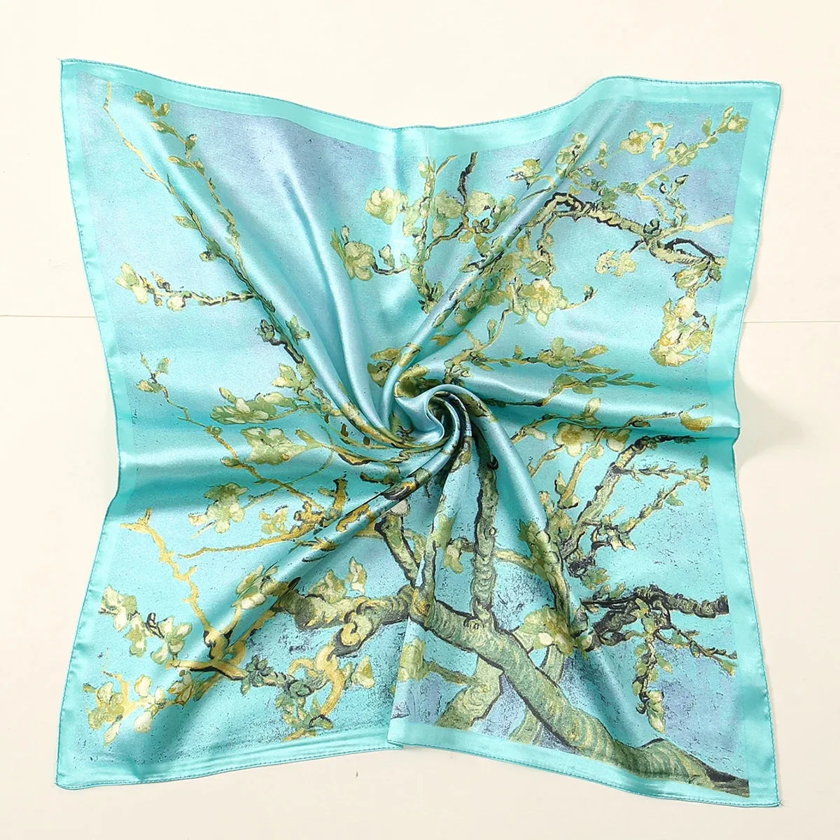 60*60cm Luxury Floral Print Silk Square Scarf Women Soft Satin Kerchief Neckerchief Head Hijab Lady Headband Foulard Bag Ribbon