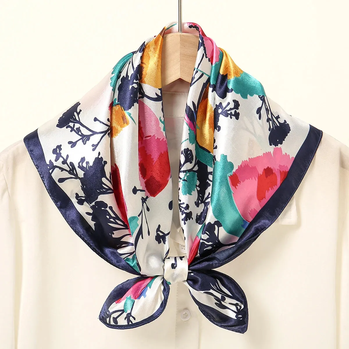 60*60cm Luxury Floral Print Silk Square Scarf Women Soft Satin Kerchief Neckerchief Head Hijab Lady Headband Foulard Bag Ribbon